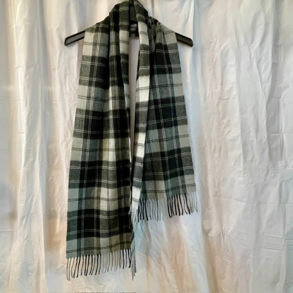 Made in England Cashmere Plaid Scarf Grey Black Cream Fringed Winter Wrap NWOT